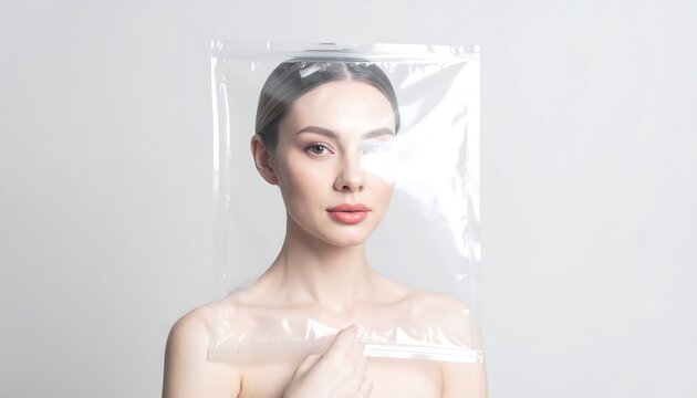 Transparent Shrink Packaging Effect on Light Neutral Silver Background, Realistic Plastic Wrap Texture with Glossy Protective Film Overlay and Clean Minimal Design