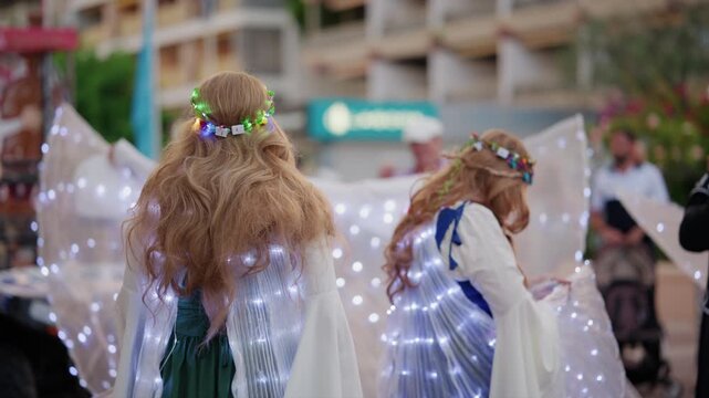 Costumed people enjoying a fantasy festival, showcasing creative outfits adorned with vibrant led lights and garlands, Antibes, France