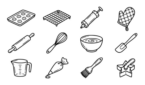 Hand Drawn Baking Equipment and Pastry Tools Doodle Icon Set Vector