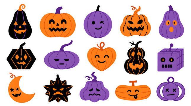 Halloween pumpkin faces collection orange and purple jack o' lantern designs