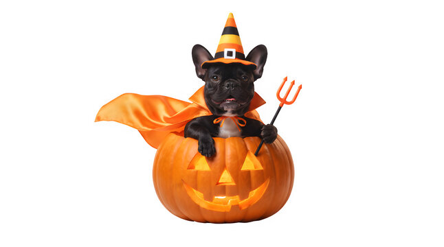 French bulldog in halloween costume pumpkin and witch hat