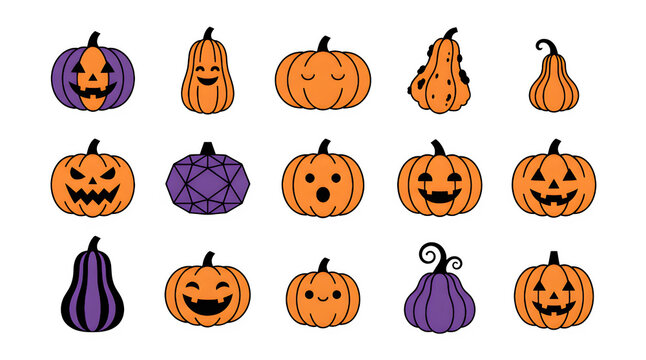 Halloween pumpkin icons set with various expressions and shapes