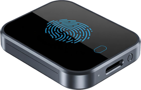 Metallic smart device with blue neon fingerprint sensor isolated cutout