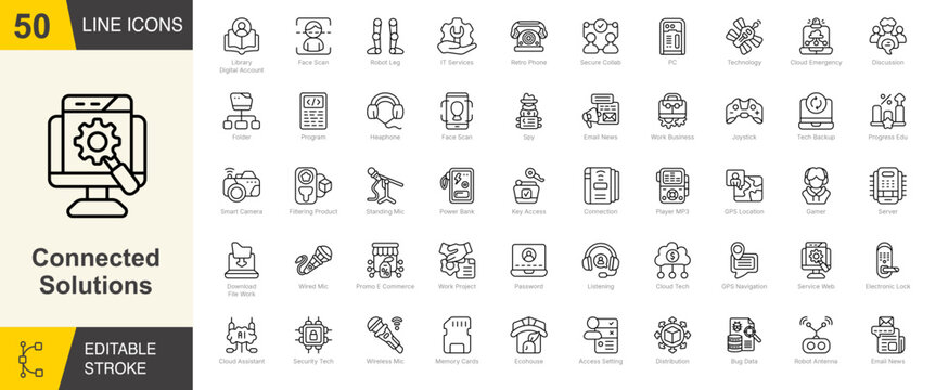 Connected Solutions line editable icon set. Containing connection, cloud technology, GPS navigation, server, face scan, power bank, electronic lock, and more. Editable stroke. Vector illustration