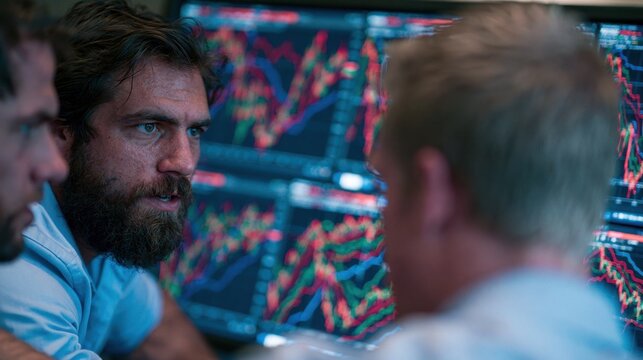 Male financial analysts analyzing stock market data on multiple monitors in a trading office