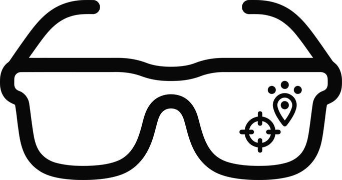 Smart glasses with integrated digital hud and navigation pin icon augmented reality heads up black and whit
