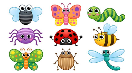 Naklejka premium Cute cartoon insects set with ladybug bee caterpillar spider and snail