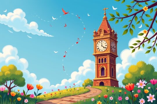 Picturesque clock tower surrounded by colorful flowers and trees
