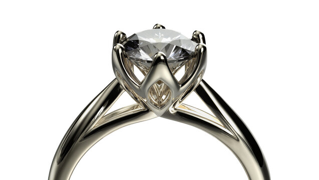 Sparkling round cut diamond engagement ring with platinum band, isolated on transparent background