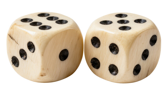 Two antique ivory dice with black pips showing numbers, isolated on transparent background