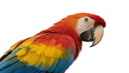 Scarlet macaw parrot with vibrant red yellow and blue feathers, isolated on transparent background © ProStock