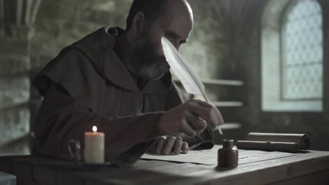 Medieval monk writing calligraphy text on parchment with a long white quill next to a burning candle inside a dark scriptorium, medium shot