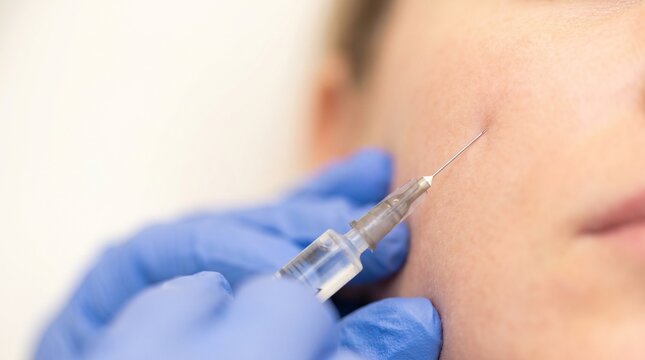 Close up of a professional dermatologist performing a facial filler injection on a patient cheek