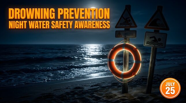 Drowning prevention, night water safety awareness, beach warning signs, illuminated lifebuoy