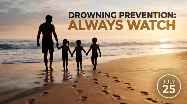 Drowning prevention awareness, family beach safety, summer water caution, always watch