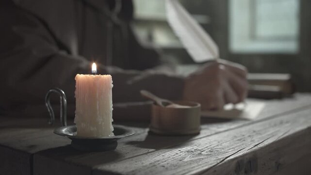 Burning candle illuminating a rustic desk next to a ceramic inkpot, against a blurred background of a medieval monk writing a manuscript, inside a scriptorium