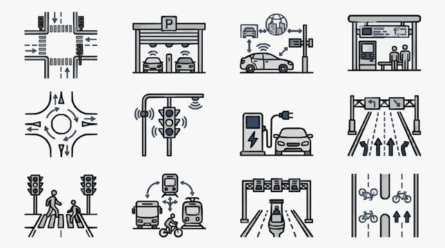 Elegant Monochrome Icons Showcasing Smart Urban Transportation and Traffic Management Systems with high quality professional line art symbols for modern creative design and digital branding projects