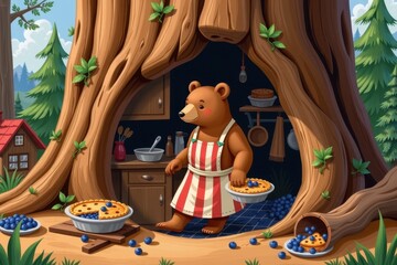 Brown bear baking blueberry pie inside tree house kitchen © kornc