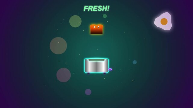 Animated toaster pops up toasted bread slice with a fried egg in space