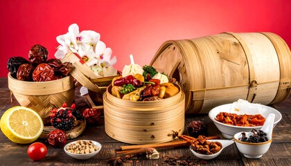 Fototapeta premium Traditional Cuisine Variety Celebration Theme on Light Warm Scarlet Background, Authentic Food Collection with Festive Dining Atmosphere and Rich Culinary Heritage