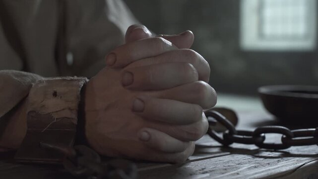 Close up of medieval prisoner hands locked in heavy iron shackles and folded in prayer on a rustic wooden table, inside a dark stone dungeon cell