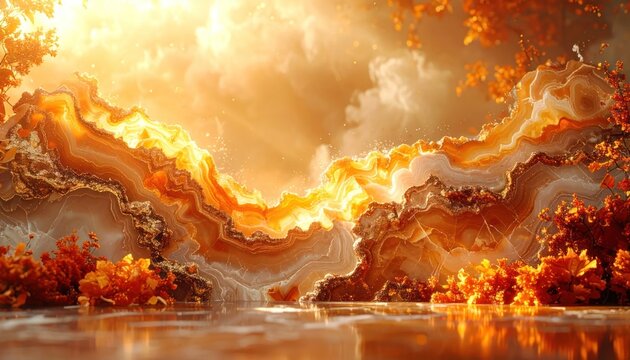 Abstract fluid art with swirling orange and gold colors.