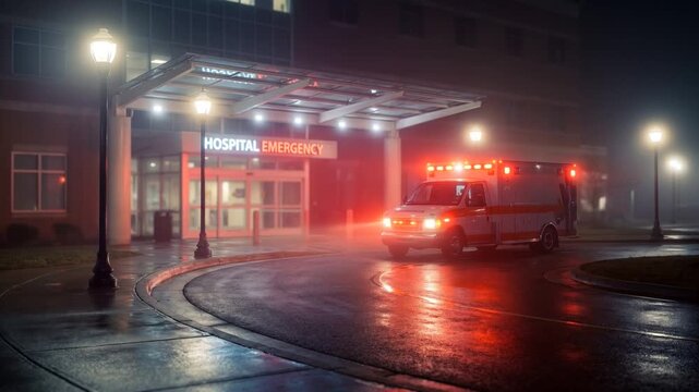 Ambulance arrives at hospital emergency unit at night during rainy weather