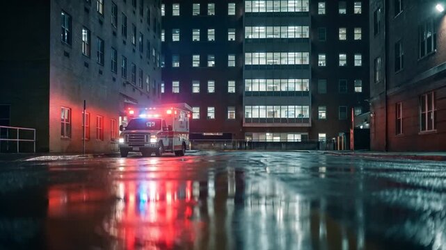 Ambulance arrives at hospital emergency unit at night during rainy weather