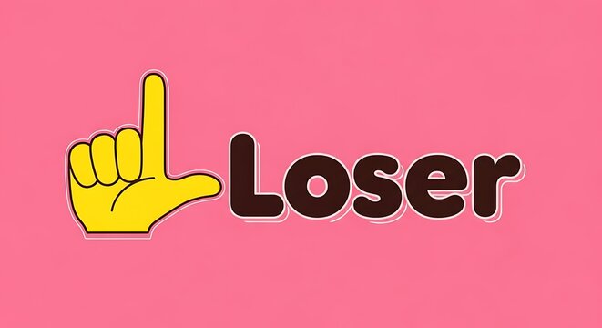 Cartoon hand forming the L sign positioned next to the word Loser on a pink surface