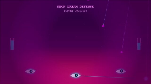 Retro Arcade Video Game Screen with Neon Eye Characters and Laser Combat