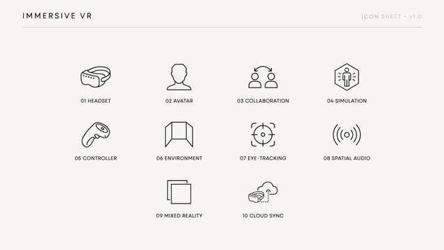 Virtual workspace and enterprise VR icons &ndash; Ideal for digital transformation presentations, corporate training portals, or tech websites.