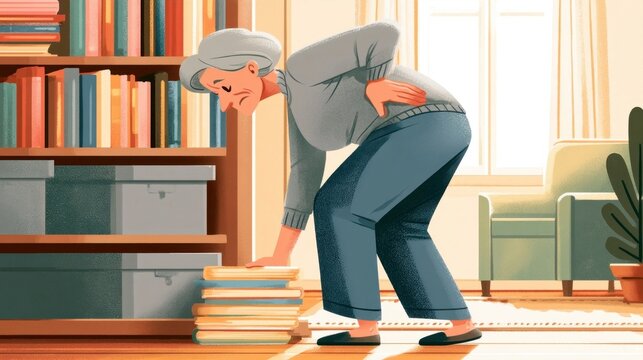 Older woman with gray hair experiencing back pain while bending over a stack of books in a cozy home library
