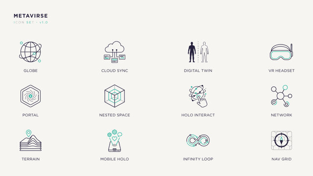 Virtual universe line icon set &ndash; Great for 3D environment software, metaverse navigation guides, or digital twin tech.