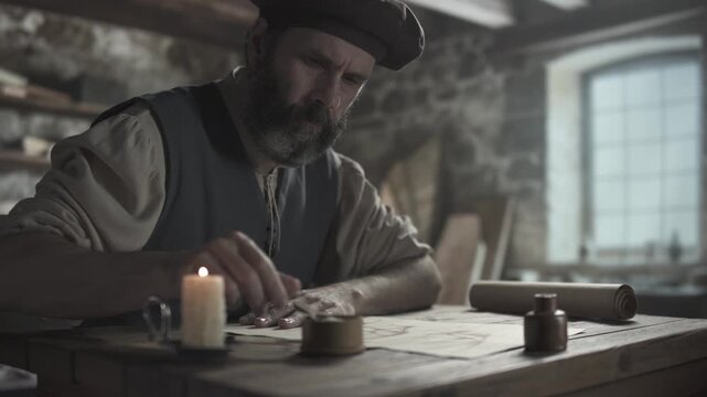 A medieval artist sprinkling sand from a small wooden scoop over a text line on a flying machine blueprint near a burning candle inside a dimly lit workshop