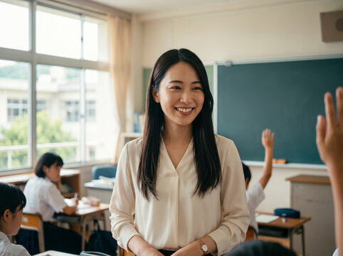 教室で挙手する生徒たちを優しく見つめ楽しそうに教える先生