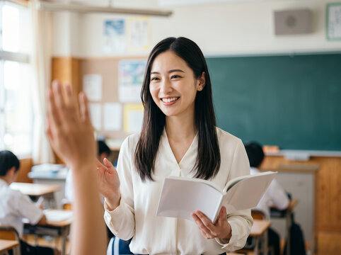 教科書を手に、挙手する生徒に笑顔で応える美人教師