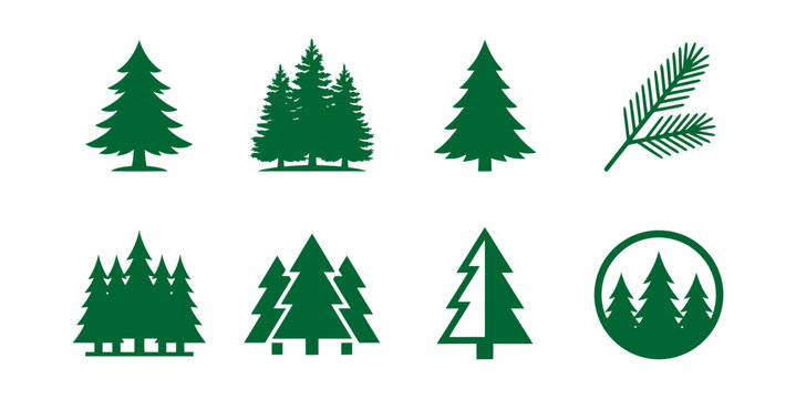 Green pine tree icons set on white background
