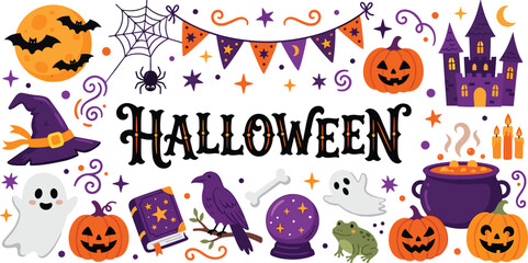 Halloween vector typography banner design set with cute spooky elements including pumpkins, ghosts, haunted castle, witch hat, cauldron, and magic crystal ball icons. © MdRobiul