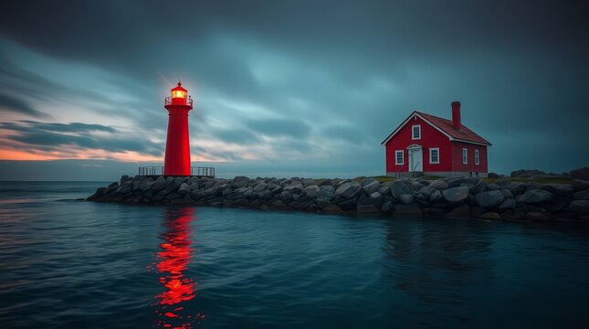 Scenic red lighthouse and red keeper's house reflecting in calm water on a rocky breakwater at twilight
