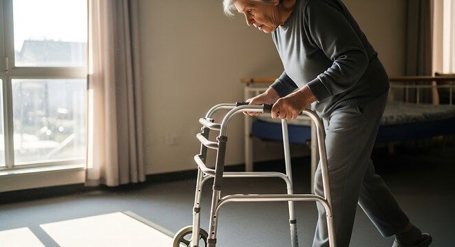 Senior woman using a walker for support in a room with a large window