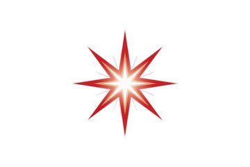 Fototapeta premium Red sparkling eight point star with glowing central lightburst creating a lens flare effect on transparent background