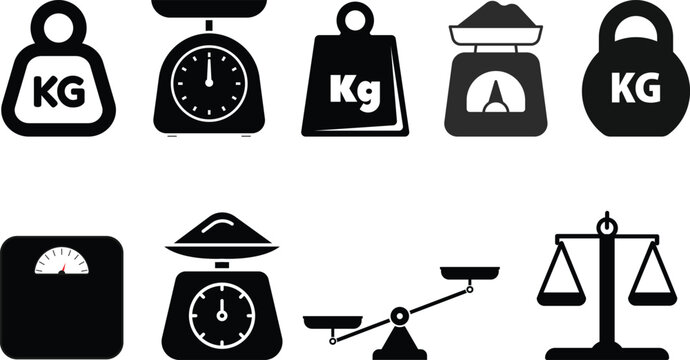 Weighing scale and weight icons with kilogram and pound symbols for fitness gym equipment, freight measurement and laboratory tools. Dumbbells and balance dials vector silhouette isolated set