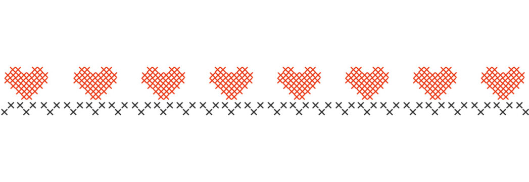 Cross stitch repeating heart trims and folk horizontal samplers. Whimsical embroidery needlework design for cottagecore wedding invitations, valentines day graphics, decorative nursery art