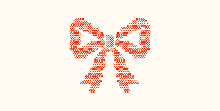 Cross stitch embroidery bow isolated on background. A geometric pixelated needlework vintage ribbon. Layout for cottagecore greeting cards, website banners, romantic stationery design. Vector.