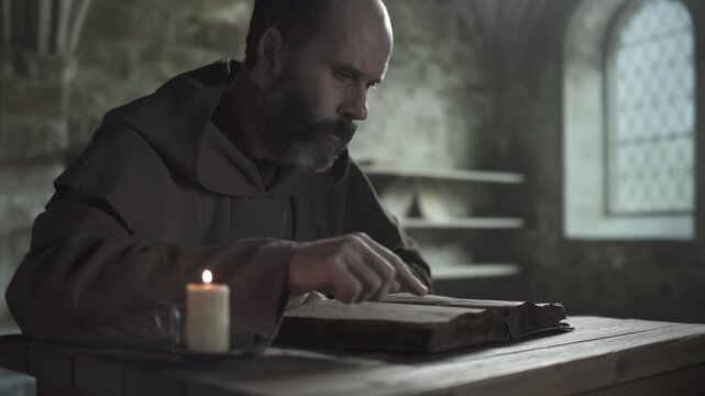 Medieval monk in a brown robe reading an open manuscript book, guiding a finger along text lines next to a burning candle on a rustic wooden table inside a scriptorium, medium shot