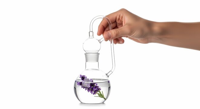 A hand holding a glass hookah with purple lavender flowers inside on a white background