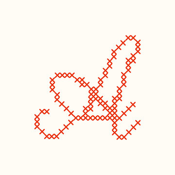 Red cross stitch letter A script typography isolated on white background. A textured cursive embroidery needlework letter for monograms, nursery decor, and handmade textile crafts. Vector illustration