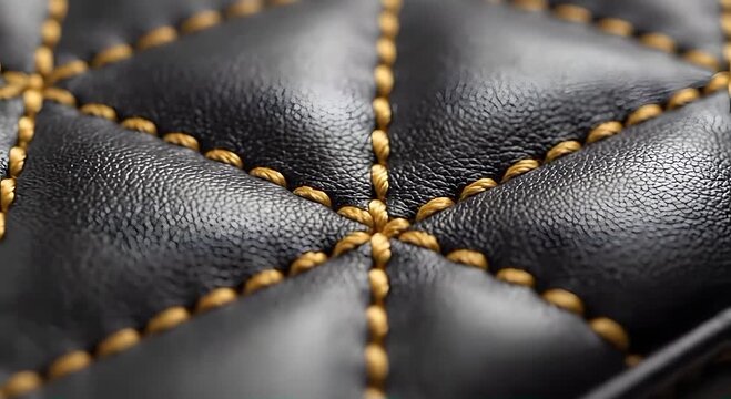 Diamond quilted black leather surface with yellow cross stitch pattern.