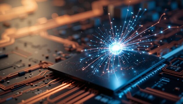 Abstract representation of qubit superposition, two glowing neon particles entangled by thin light threads above a dark silicon wafer