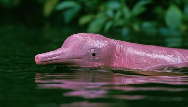 Pink river dolphin head surfacing in dark green water